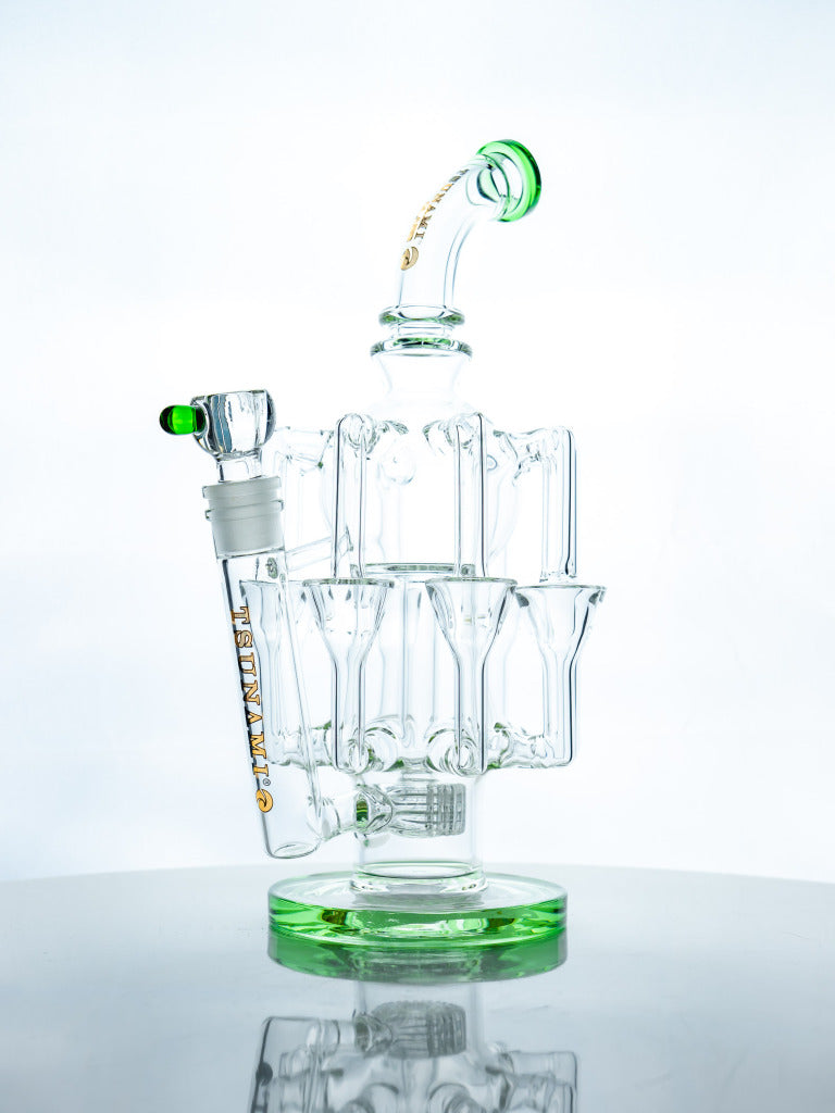 Tsunami 13in Glass Water Pipe Concentrate Rig Shower Head Eight Recycler Green (MSRP $169.99)