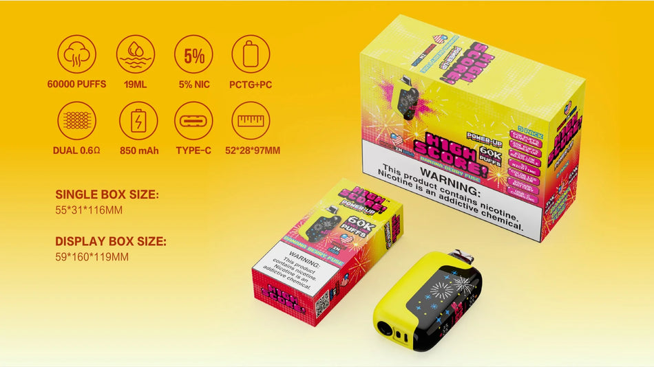 High Score! Power-Up Made in USA 60K Puffs Disposable Vape - Display of 5