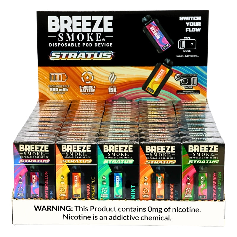 Breeze Stratus 15K Puffs 20mL 0% Disposable Vape - Variety Box Display of 50 Units (MSRP $29.95 Each)