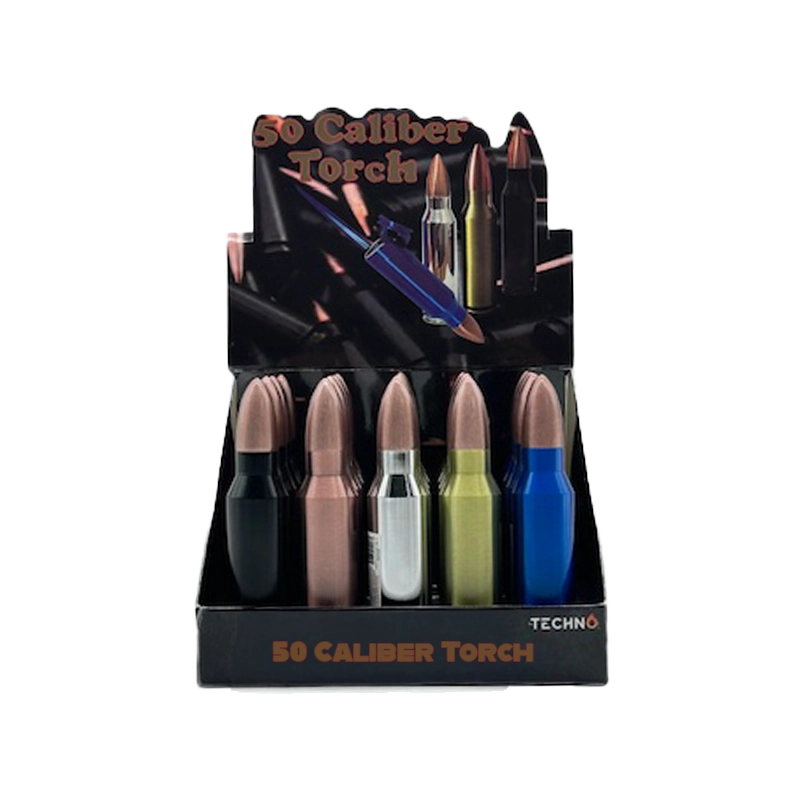 Techno Torch 50 Caliber Bullet Lighter Assorted Colors - Display of 20 (MSRP $9.99 Each)