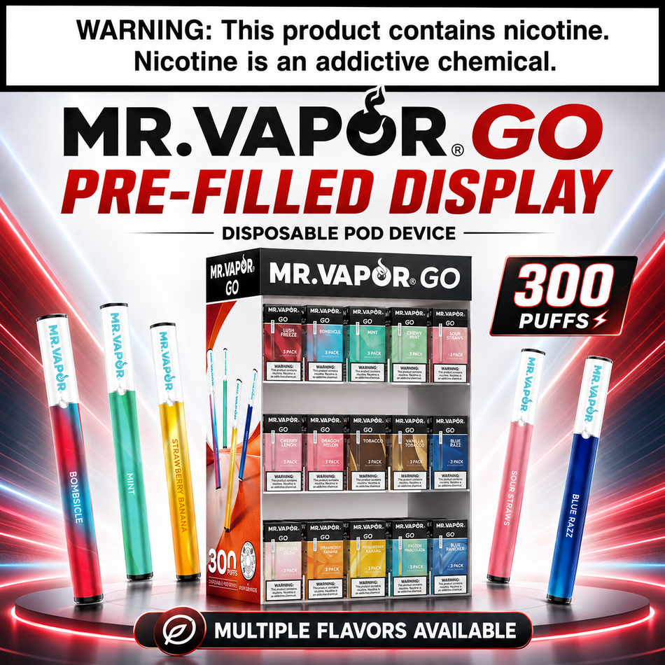 Mr. Vapor Go 300 Puffs Disposable Vape Pre-Filled Display - Pack of 3 / Display of 120
