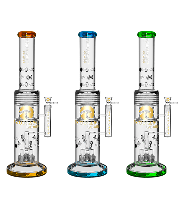 Tsunami 20in Glass Water Pipe Barrel Shower Head Drum Heart Honey Perc Green (MSRP $299.99)