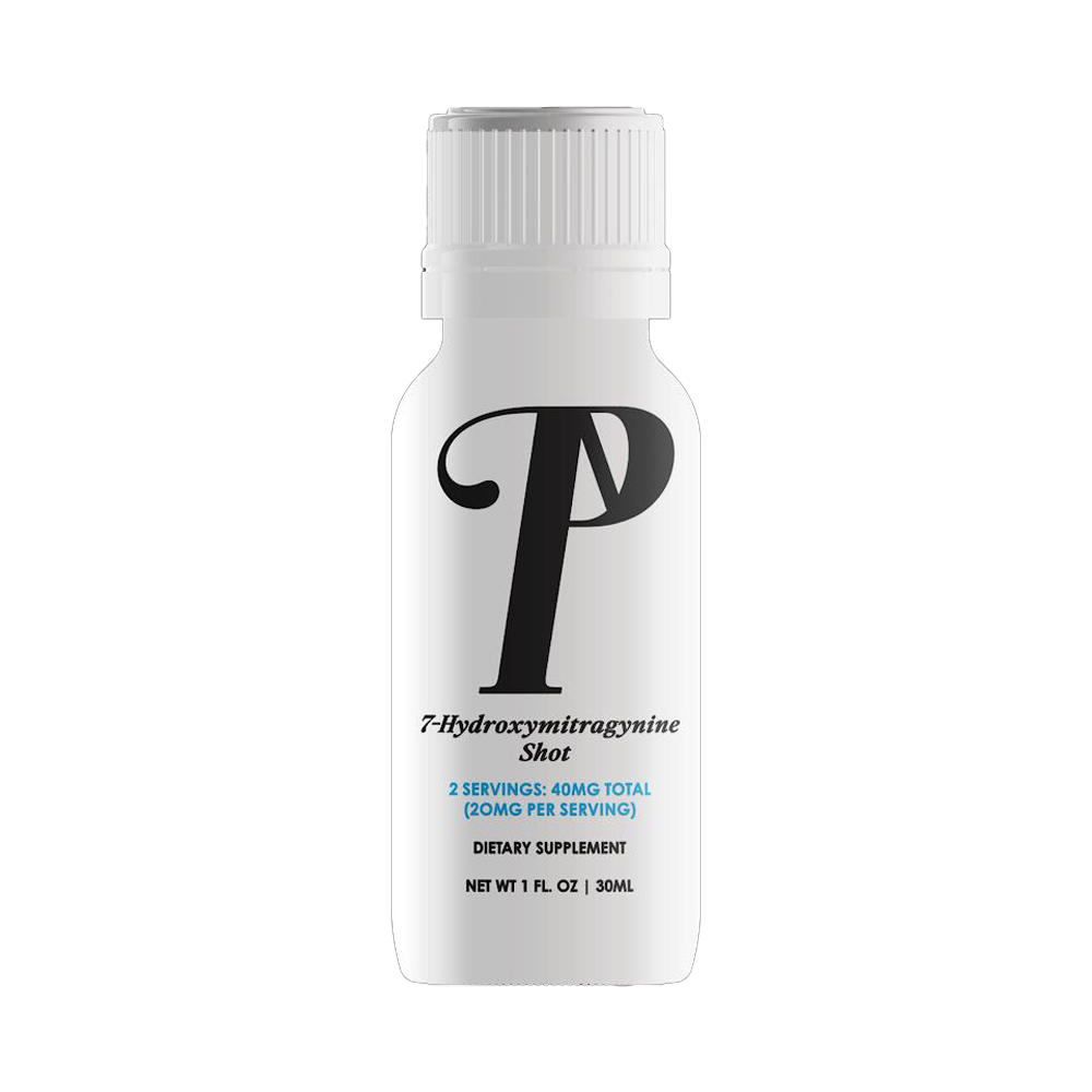 Close-up of a single Press'D 7-Hydroxy 40mg Kratom Shot, showcasing compact and portable design.