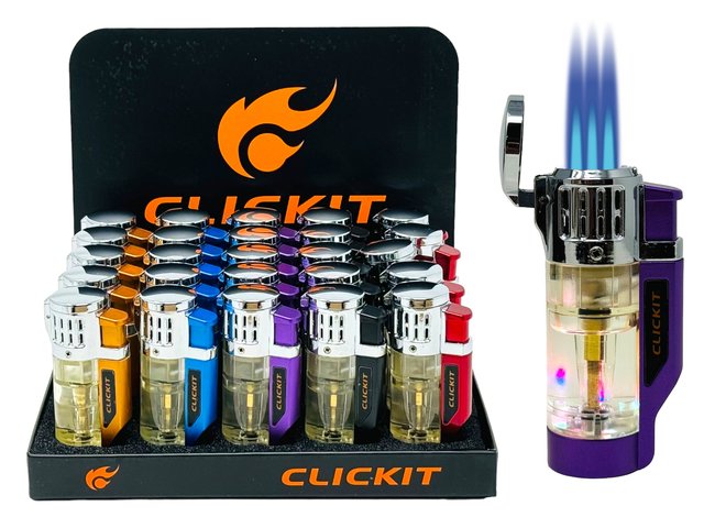 Clickit Transparent w/ LED Light Triple Torch - Display of 25 (MSRP $11.99 Each)