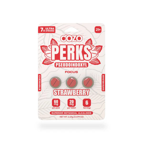 Strawberry: Dozo Perks Pseudoindoxyl 20mg Tablets – 3ct Pack, Strawberry Flavor, 10-Pack Display (Wholesale).