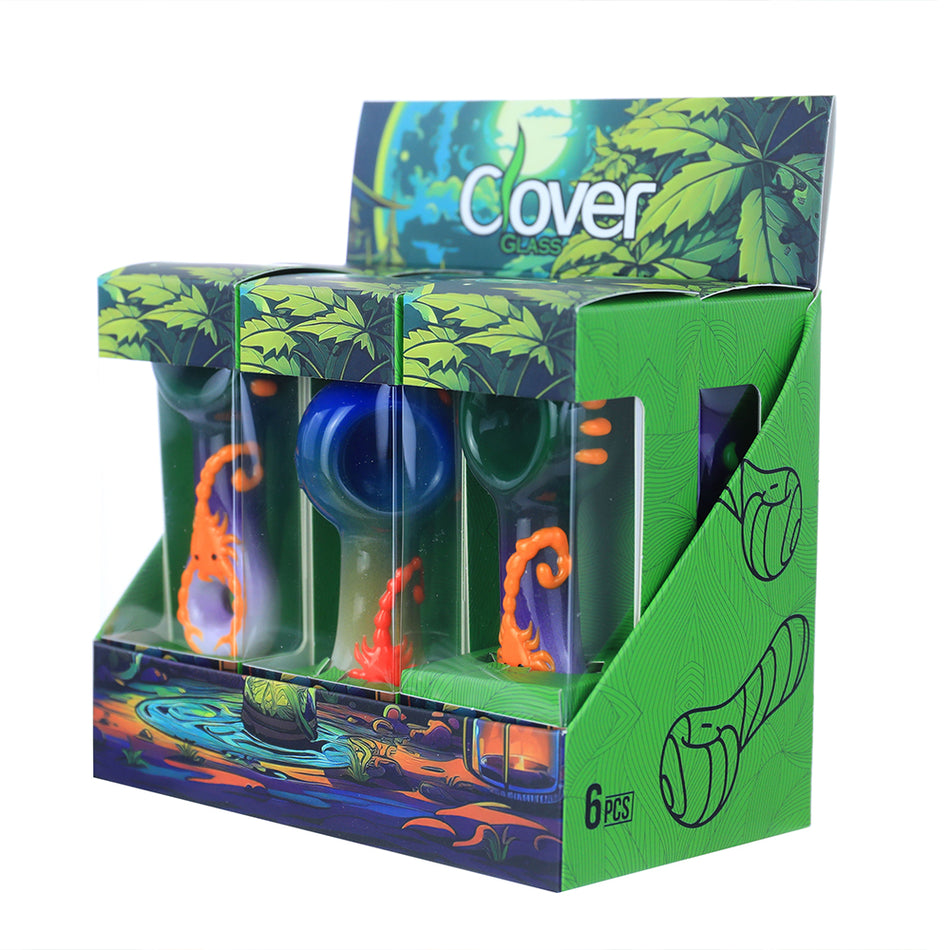 Clover Glass 4" Assorted Glass Hand Pipe - Display of 6 (WPF-653)