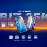 Two Foger vape devices on a gradient blue and orange background with product features displayed.