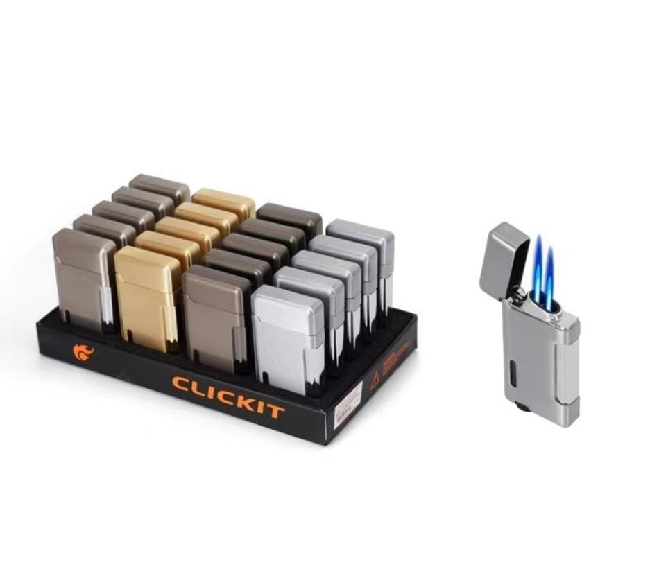 Clickit Metal Flip Open Double Torch - Display of 20 (MSRP $10.99 Each)