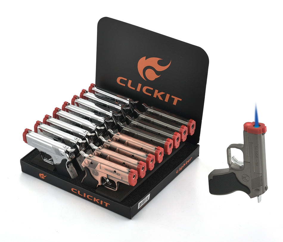 Clickit Pistol Windproof w/ Laser  - Display of 16 (MSRP $14.99 Each)