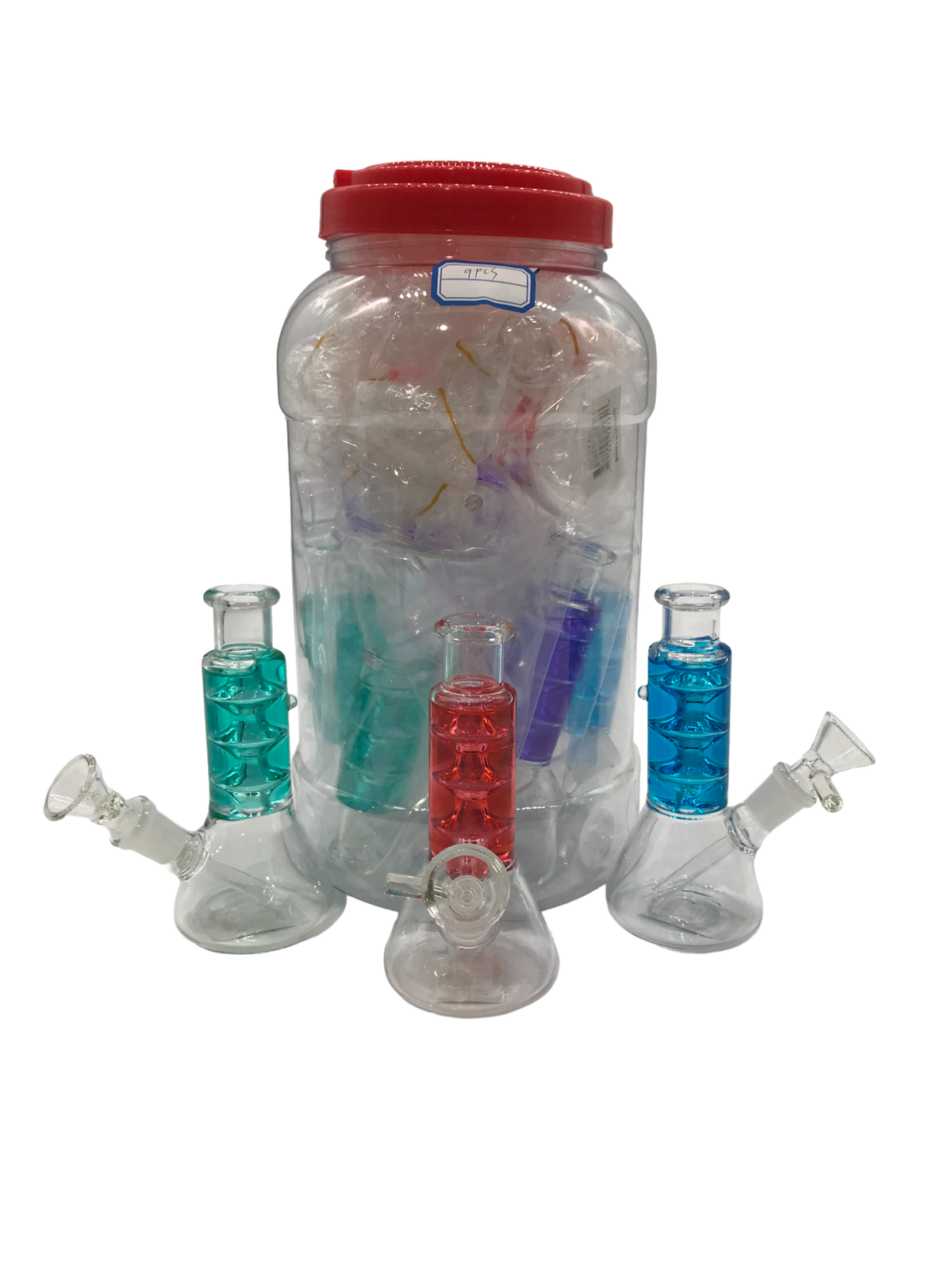 Glass Bong 5in Oil Filled Assorted Colors Design 9ct Jar (MSRP $24.99ea)