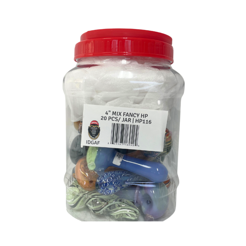 IDGAF 4" Fancy Hand Pipe Mix Color (HP116) - Jar of 20 (MSRP $14.99 Each)