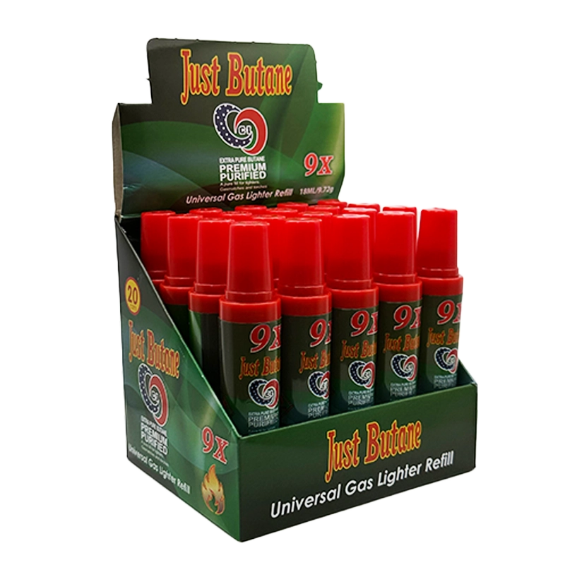 Just Butane 9x Mini Universal Gas Lighter Refill 18mL - Display of 20 (MSRP $5.99 Each)