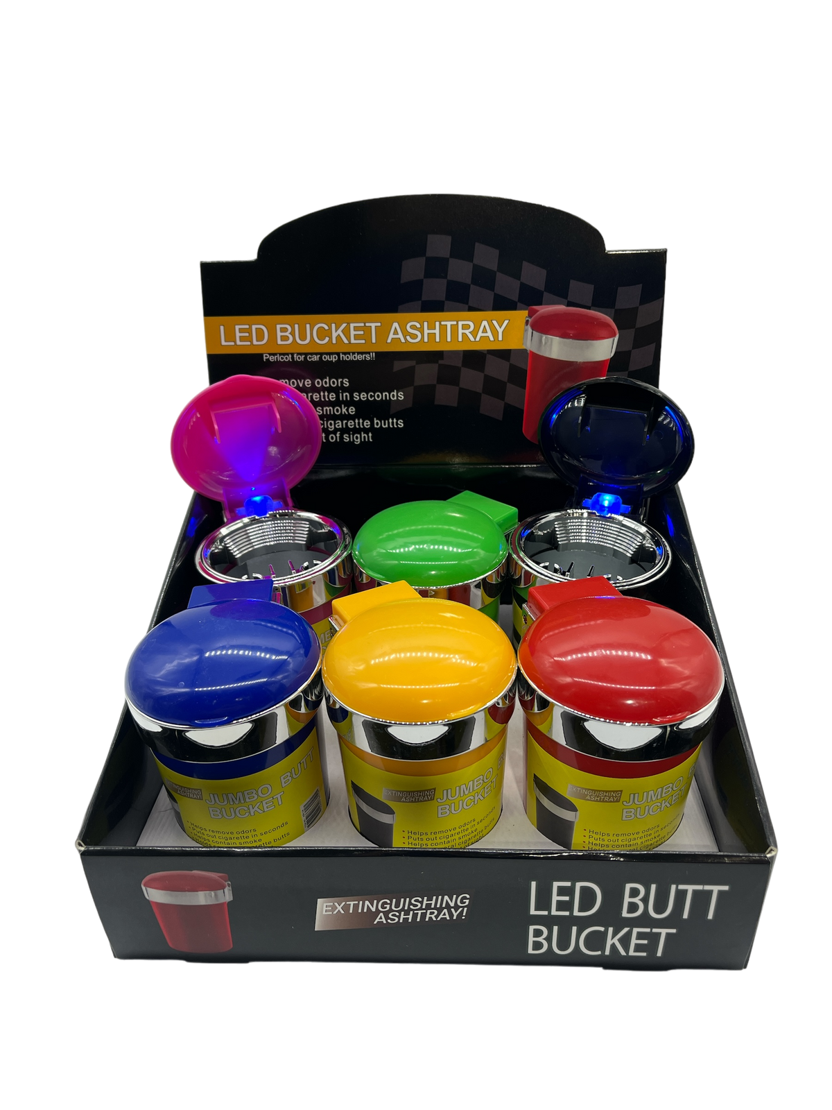 LED Assorted Fire Retardant Bucket Ashtray 6CT Display (MSRP $9.99ea)