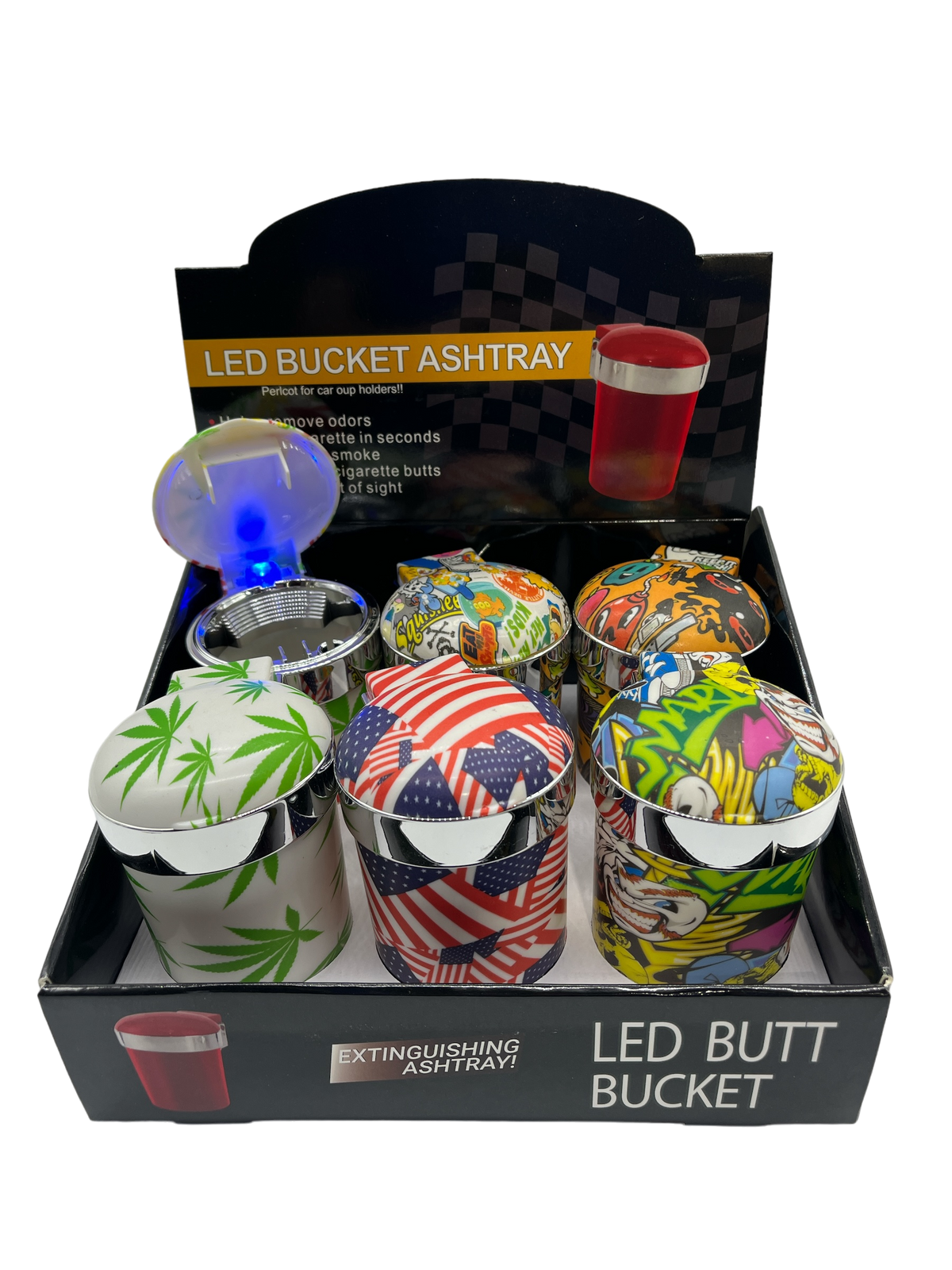 LED Assorted Full Printed Bucket Ashtray 6CT Display (MSRP $12.99ea)