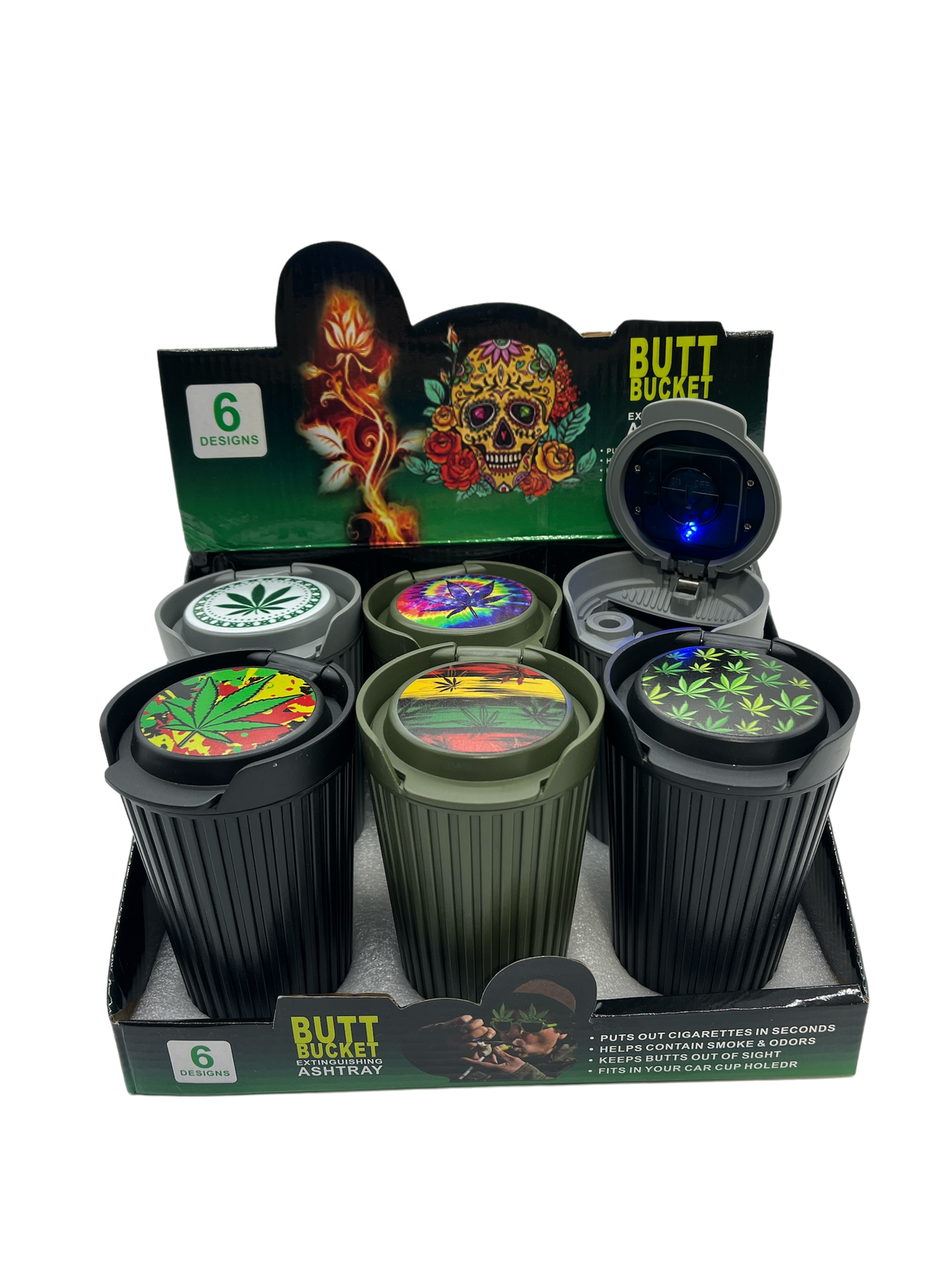 LED Weed Leaf Top Printed Bucket Ashtray 6CT Display (MSRP $12.99ea)