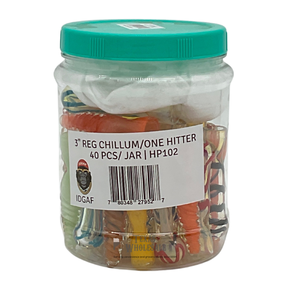 IDGAF 3 Inch Regular Chillum/ One Hitter 40 Piece Jar (MSRP $3.99ea)