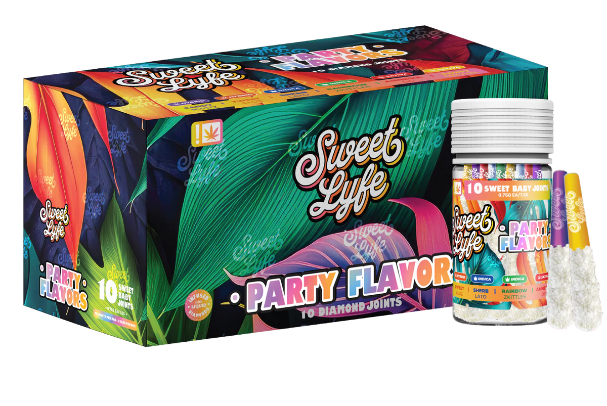 Sweet Lyfe Party Flavor Joints 10 .75g Prerolls Per Jar - 6 Jars Display (MSRP $44.99 Per Jar)