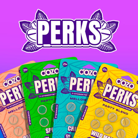 Dozo Perks 7-Hydroxy 20mg Tablets – 6ct Display (Wholesale) in Chill Berry, Wild Mango, Spearmint, and Raw Gold flavors.