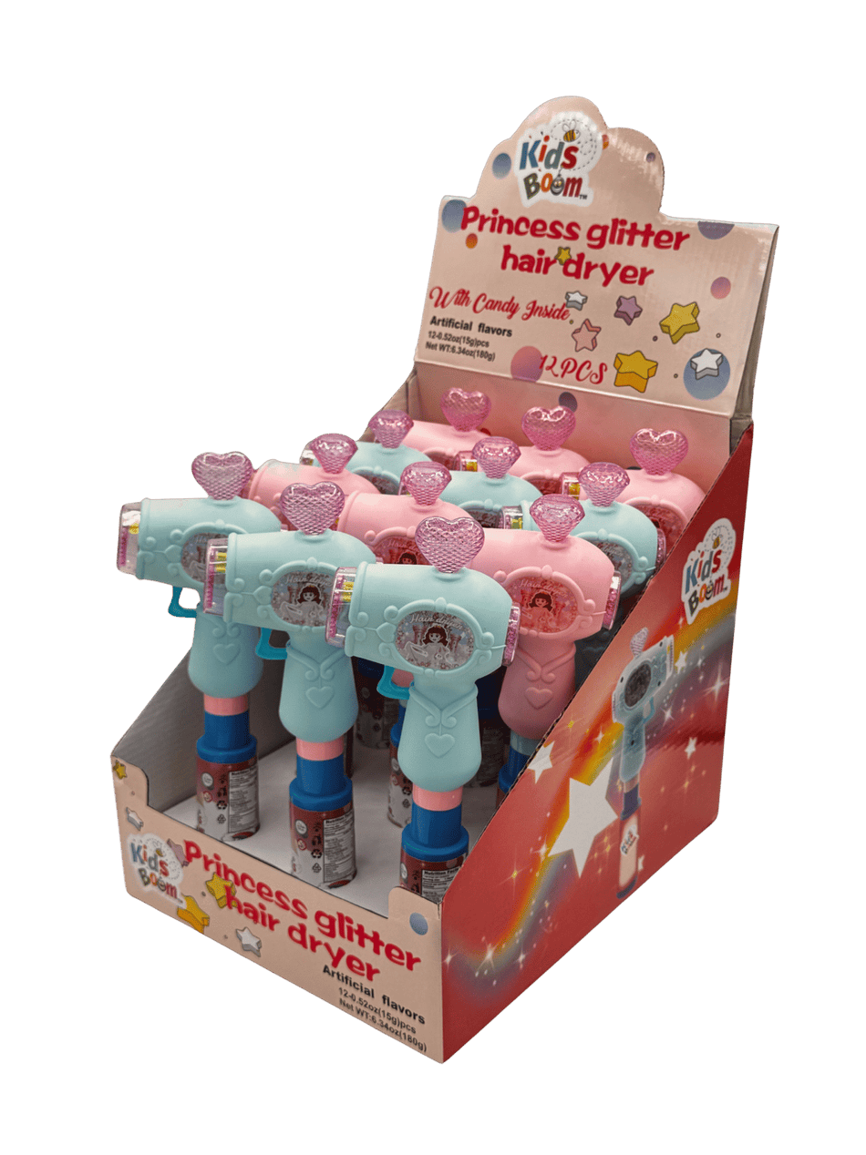 Kids Boom Princess Glitter Hair Dryer Candy Toy - Display of 12 (MSRP $7.99 Each)