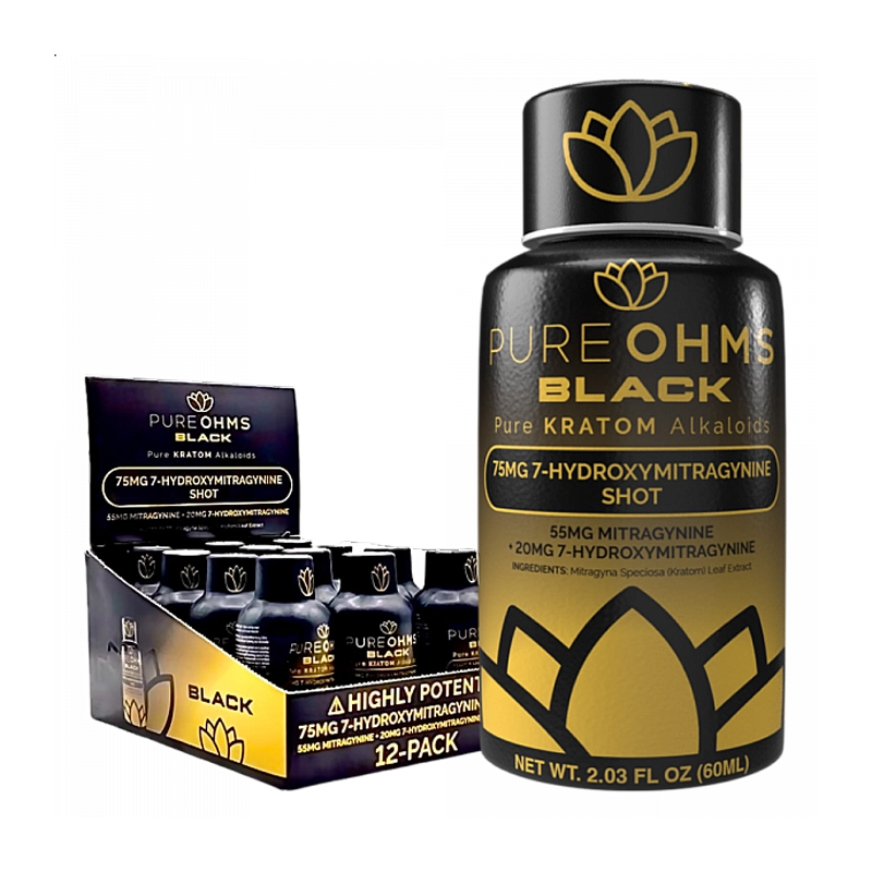 Pure Ohms Black 7-Hydroxy 60mL Kava-Kratom Shot - Display of 12 (MSRP $24.99 Each)