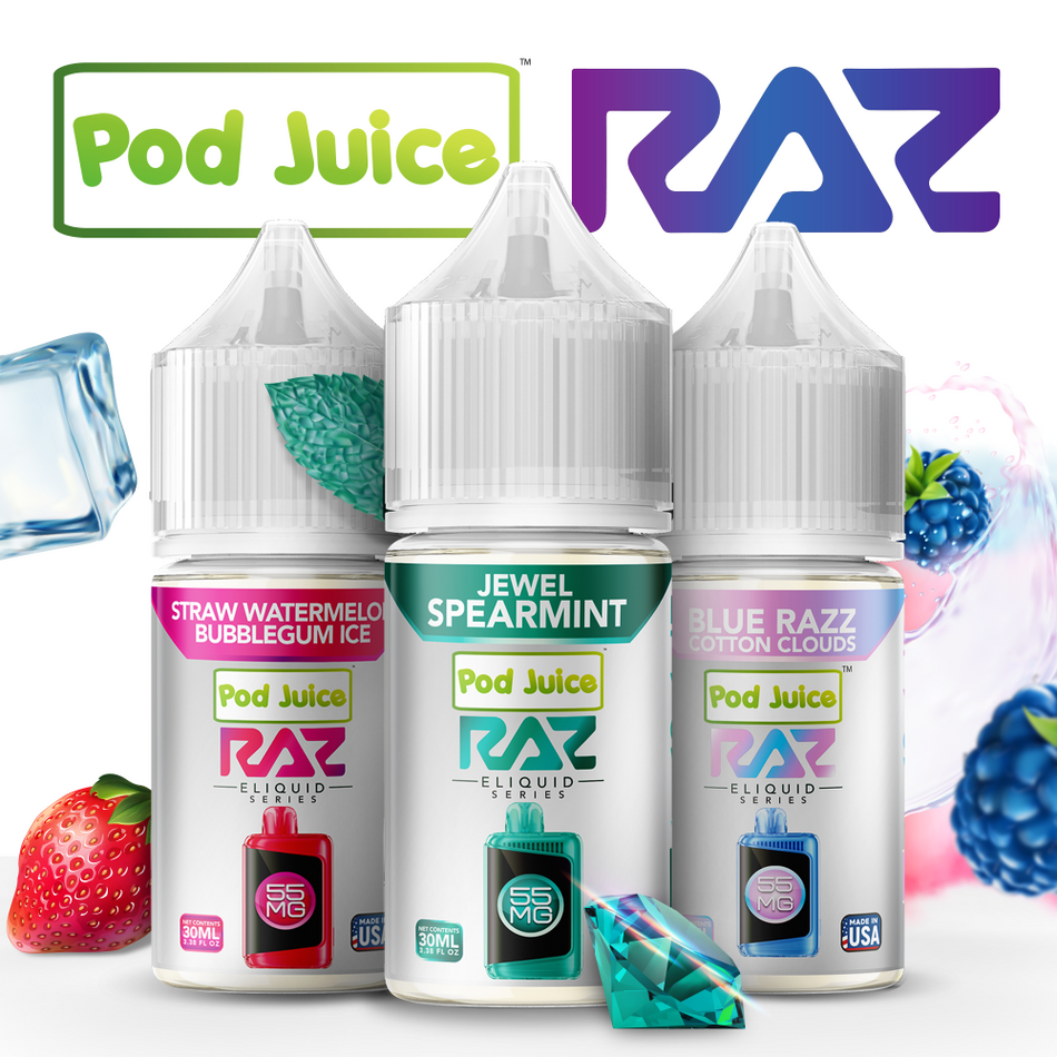 Pod Juice x RAZ Series Nicotine Salt E-Liquid 30mL (MSRP $19.99)