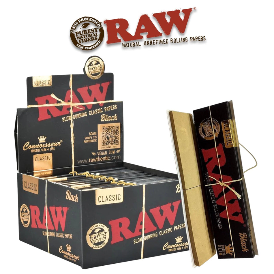 Raw Classic Black Connoisseur Rolling Paper King Size - Display of 24