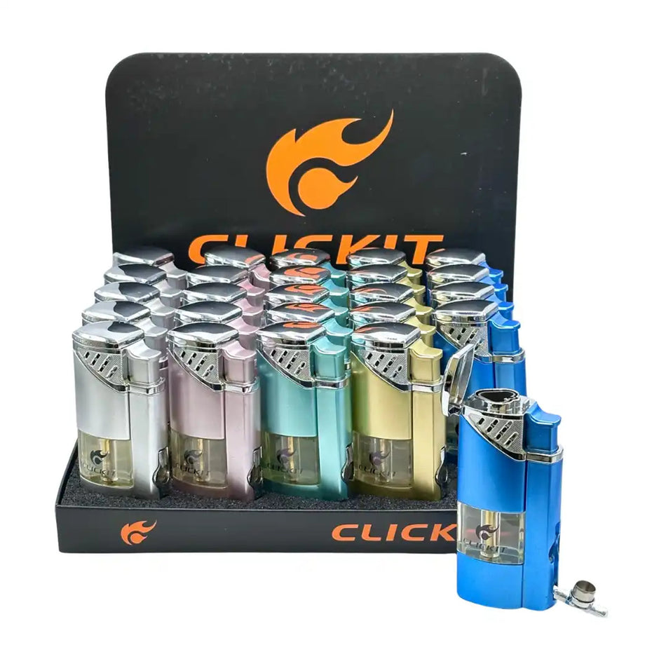 Clickit Shiny Partial Transparent Triple Torch w/Cigar Puncher - Display of 25 (MSRP $11.99 Each)