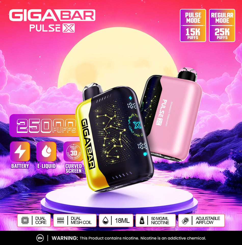 Giga Bar Pulse X 25K Puffs 18mL Disposable Vape - Display of 5 (MSRP $29.99 Each)