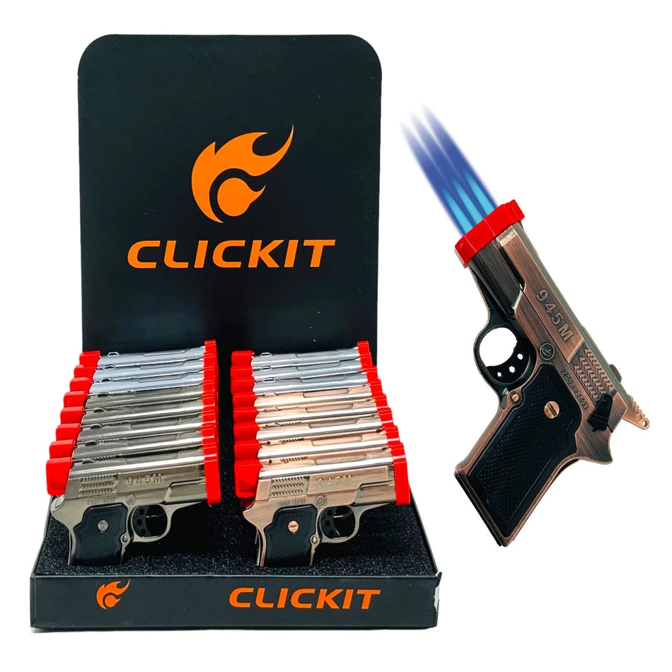 Clickit Pistol Triple Torch Lighter - Display of 16 (MSRP $10.99 Each)