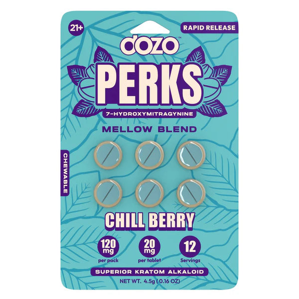 Chill Berry: Dozo Perks 7-Hydroxy 20mg Tablets – 6ct Pack, Chill Berry Flavor, 10-Pack Display (Wholesale).
