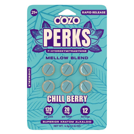 Chill Berry: Dozo Perks 7-Hydroxy 20mg Tablets – 6ct Pack, Chill Berry Flavor, 10-Pack Display (Wholesale).
