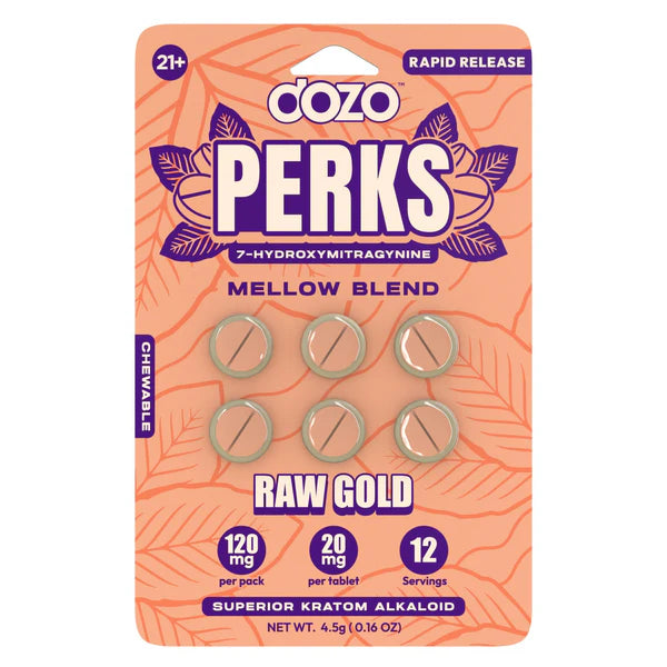Raw Gold: Dozo Perks 7-Hydroxy 20mg Tablets – 6ct Pack, Raw Gold Flavor, 10-Pack Display (Wholesale).