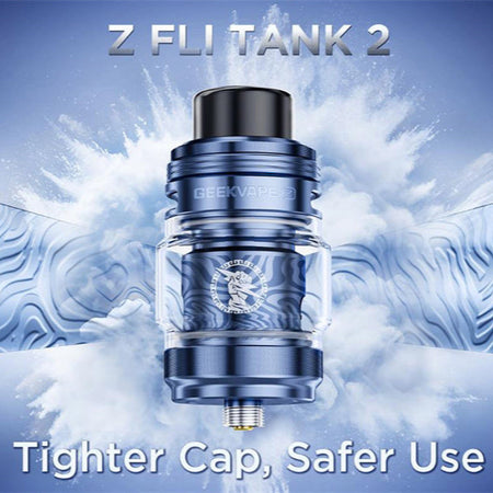 Vape tank with 'Z FLI TANK 2' text on a blue and white background