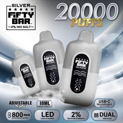 Fifty Bar Silver 20K Puffs 2% Nicotine Disposable Vape - Display of 5