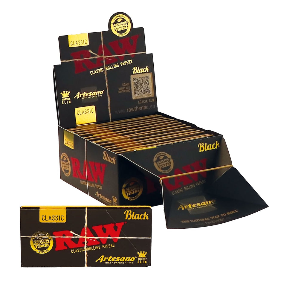 Raw Classic Black Artesano Rolling Paper King Size Slim - Display of 15